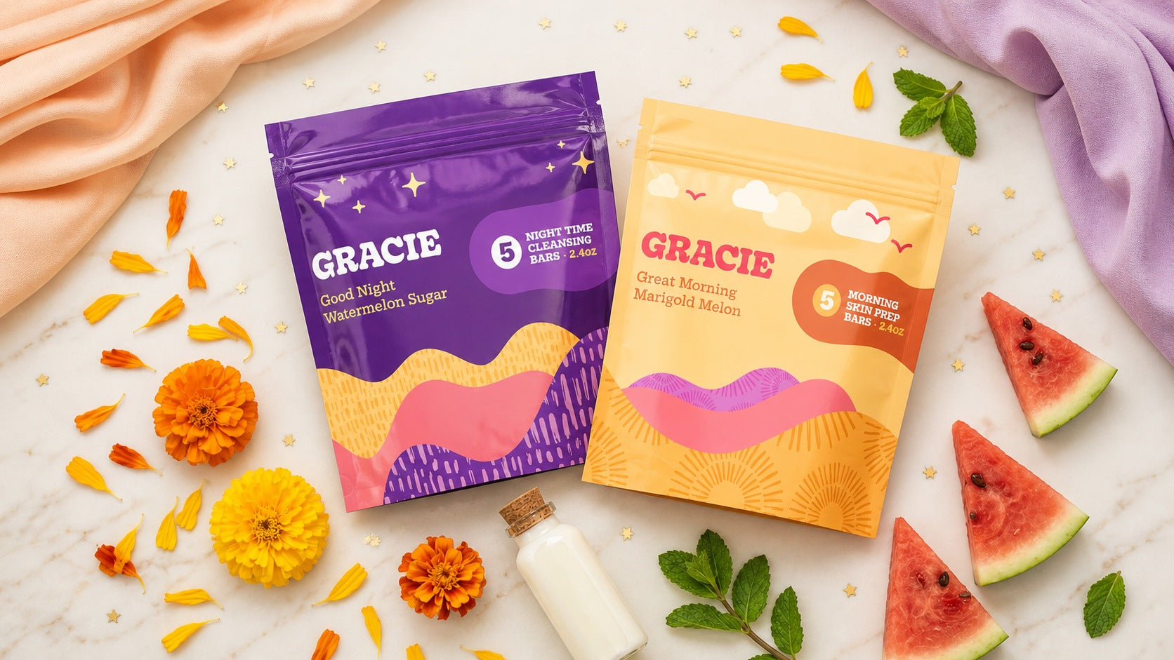 The purple Gracie Evening pouch and gold Gracie Morning pouch in a colorful editorial flat lay