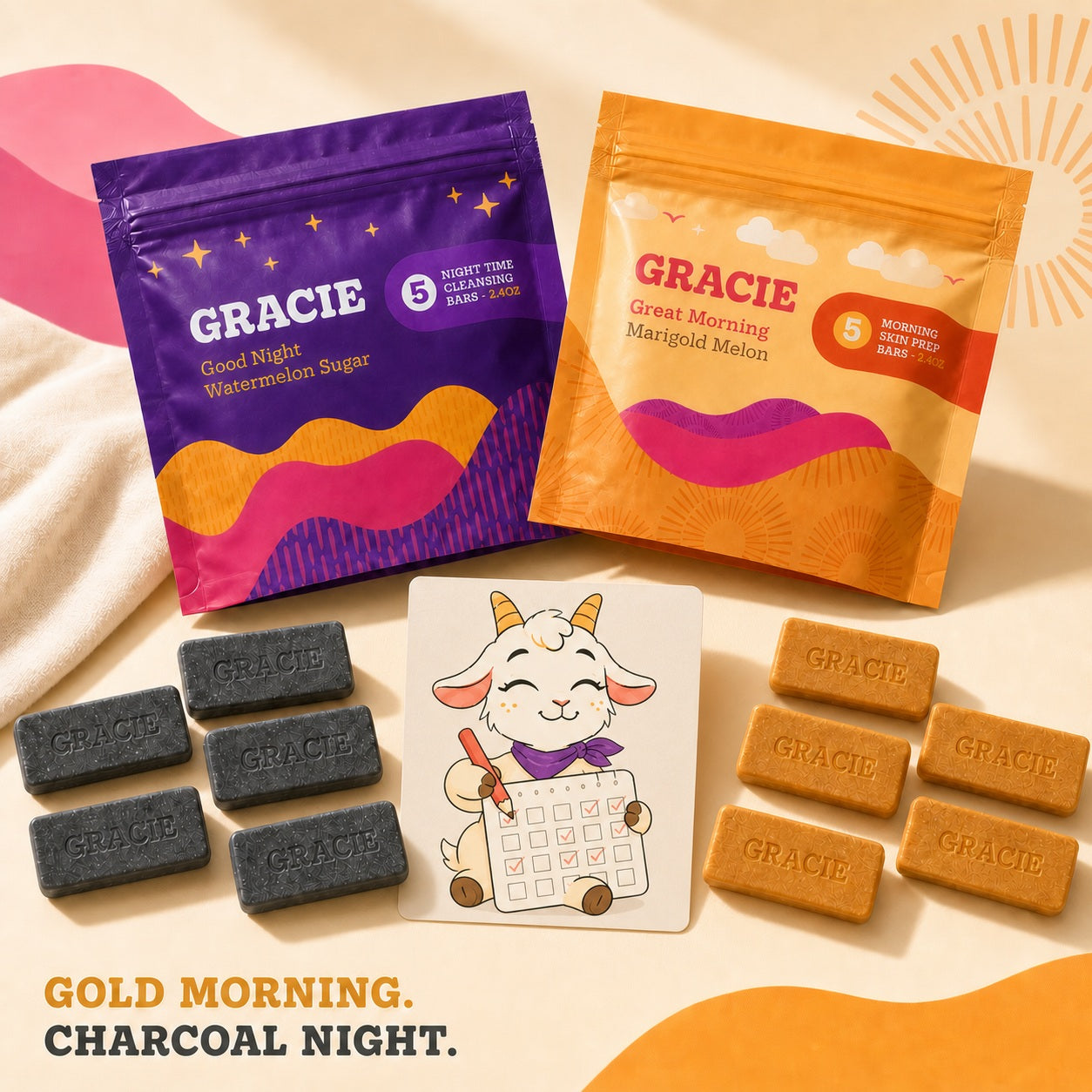 The complete Gracie Starter Kit with gold and charcoal bars, both pouches, and the included Streak Card