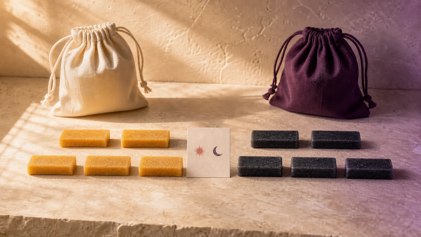 The complete Gracie starter kit arranged with five gold Morning bars, five charcoal Evening bars, two pouches, and one routine card