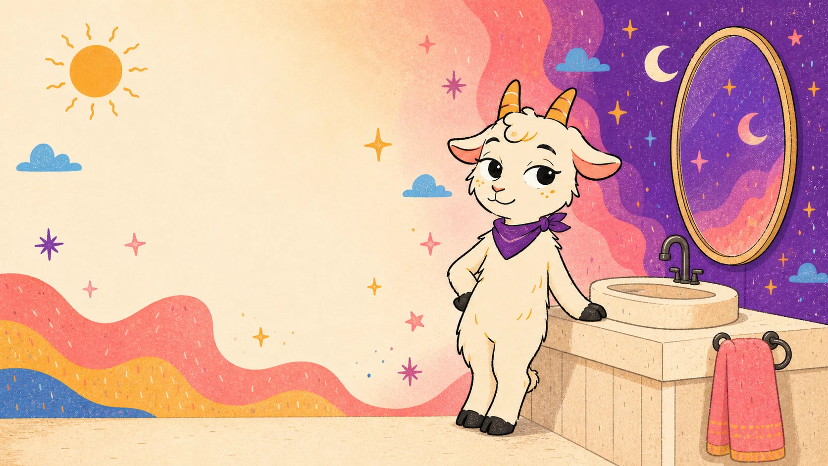 Gracie, a cream-white fluffy goat with purple bandana, beside a bathroom sink as morning sunshine turns to purple moonlight