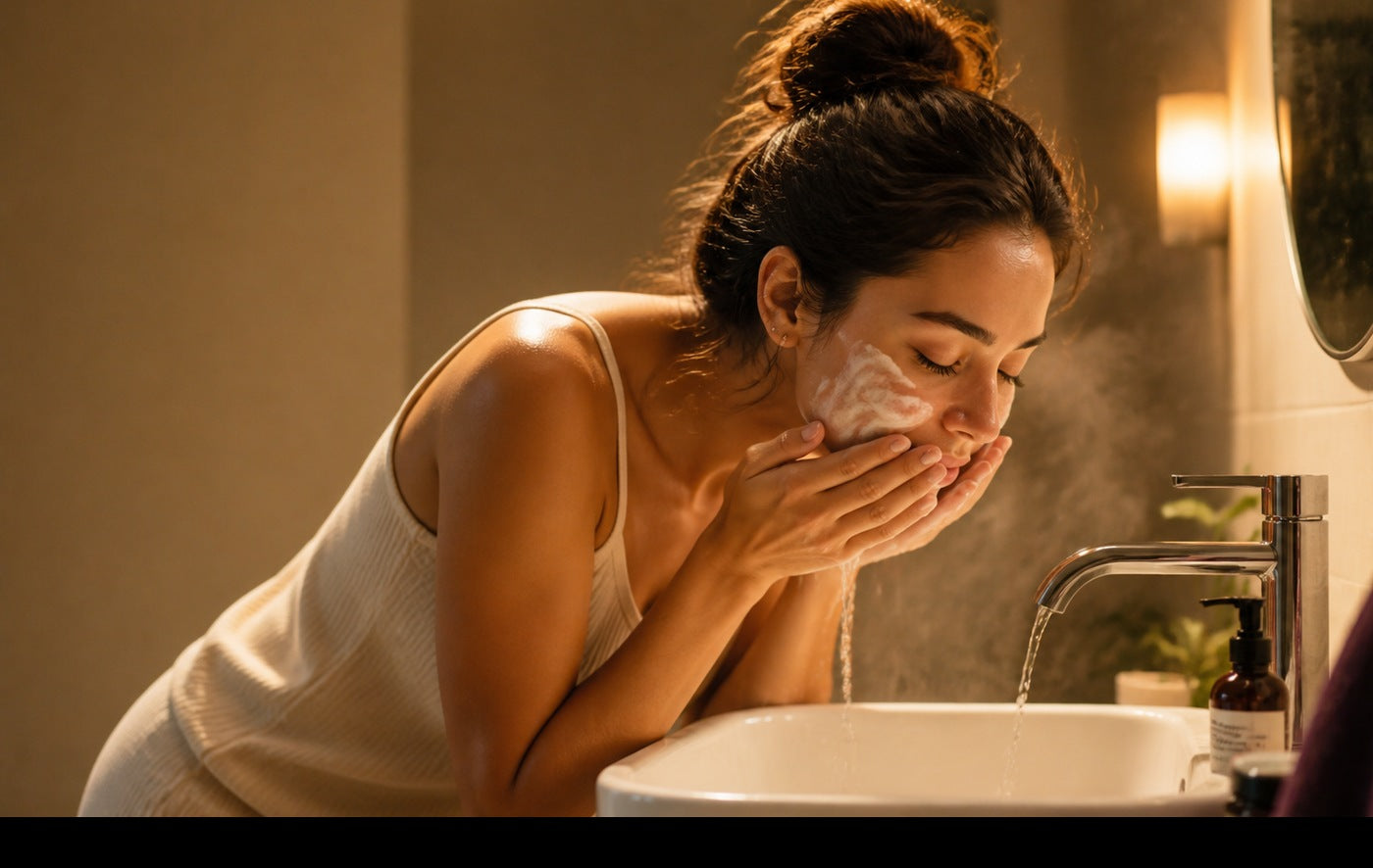A young woman washing her face at a warm nighttime sink