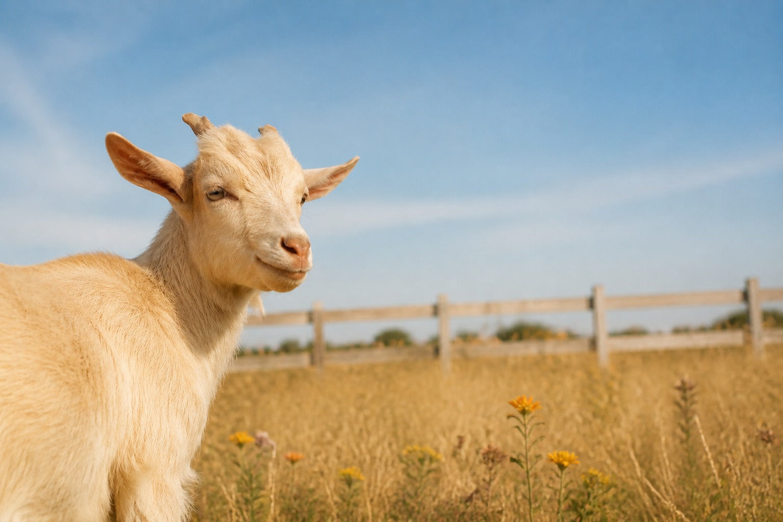 A real cream-colored goat outdoors