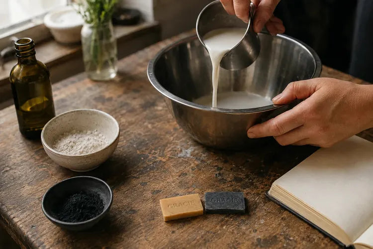 Goat milk being poured into a mixing bowl beside kaolin clay, activated charcoal, and Gracie bars